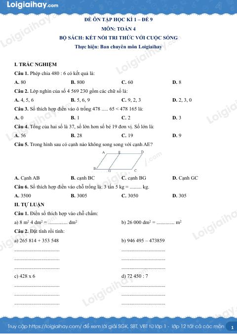 Đề kiểm tra học kì 1 Toán 4 Kết nối tri thức - Đề số 9